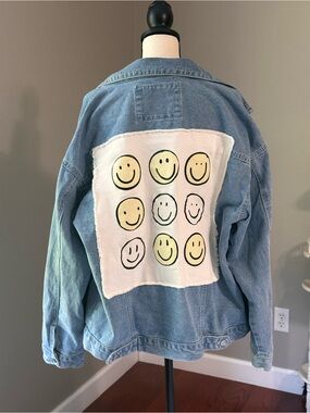 Altar'd State Light Blue Denim Chore Jacket Smiley Patchwork Thrashed Worn